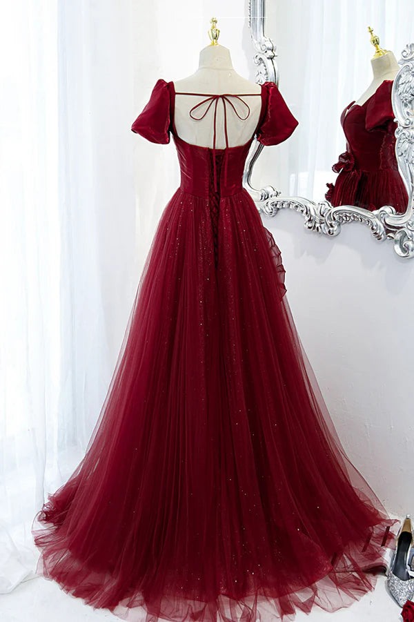 Wholesale Burgundy Satin Tulle Long Prom Dress A-Line Short Sleeve Evening Party Dress